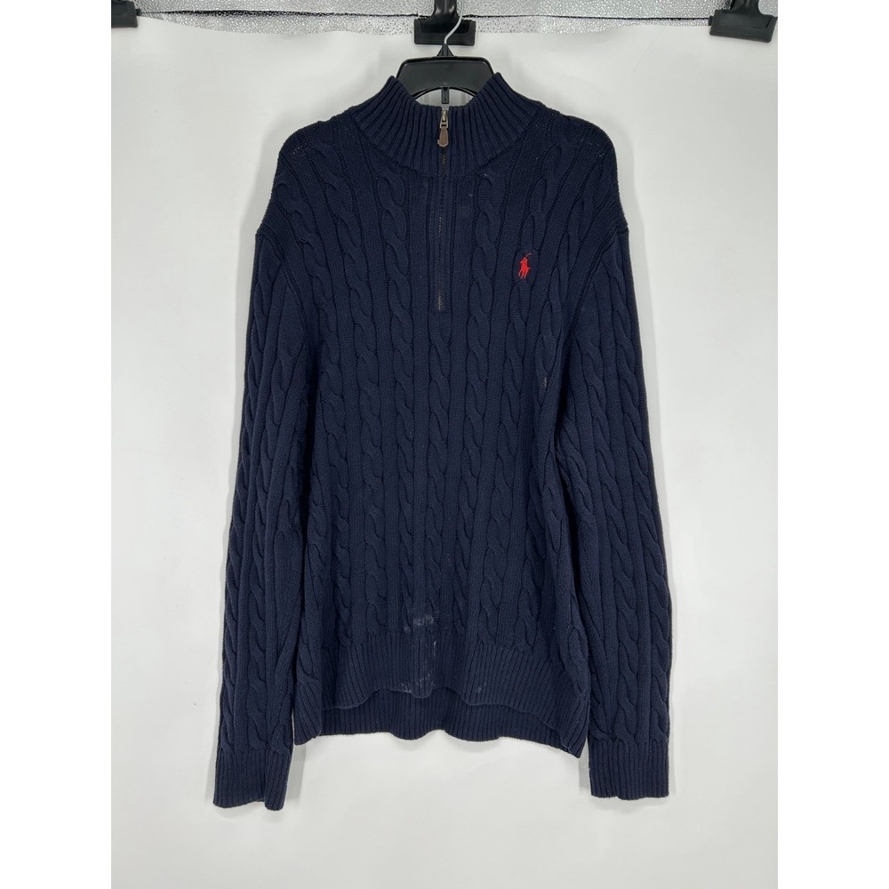 Polo Ralph Lauren Sweater Mens XL Navy Leather Tab Cable Knit Quarter 1/4 Zip